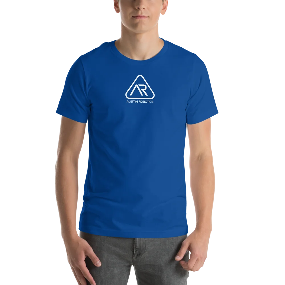 Model wearing the true royal Austin Robotics t-shirt