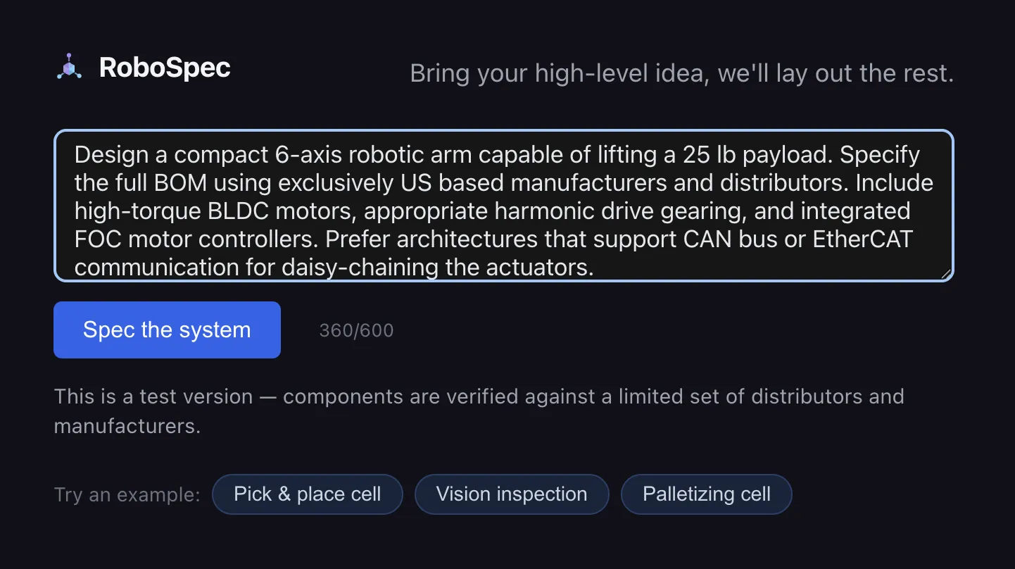 RoboSpec prompt asking for a compact 6-axis robotic arm, with a Spec the system button.